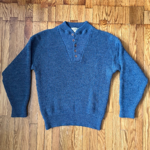 Vtg L.L. Bean Heavy Wool Henley Fisherman Sweater High Trek Yarn Blue Mens L - Picture 1 of 8